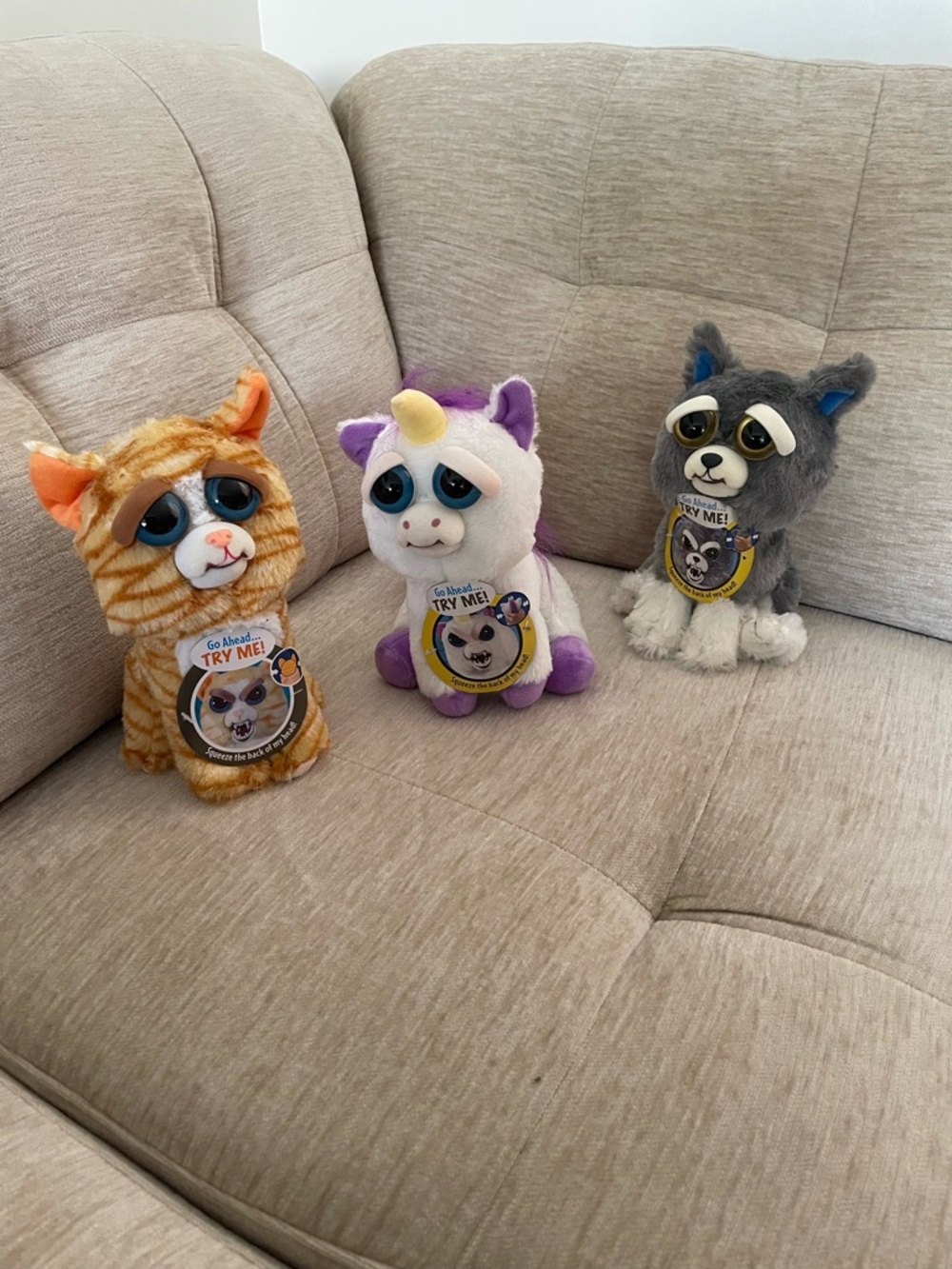 Feisty Pets Trio - Orange Tabby, White/Purple Unicorn, Gray Puppy